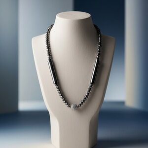 Armani Exchange 16”Hematite Beaded Necklace with Silver Accent